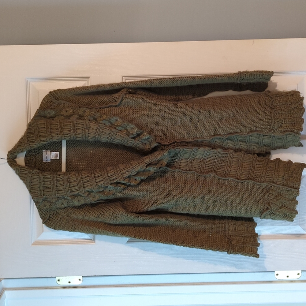 Chico's sweater beautiful khaki green with lace trim around collar